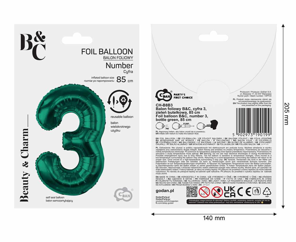 Foil balloon B&C, number 3, bottle green, 85 cm